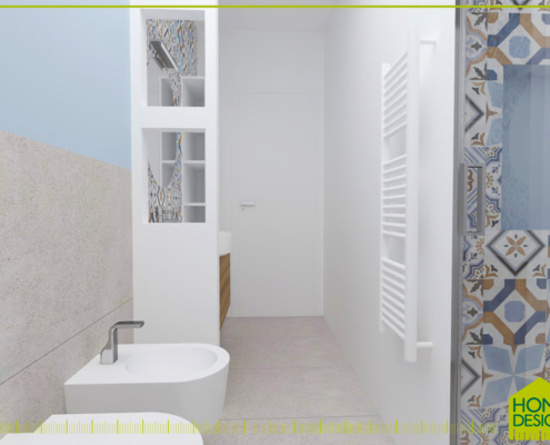 RENDER 2 soluzione 2 Progetto di un bagno stretto e lungo con ampia doccia in nicchia Progetto di ristrutturazione di un bagno stretto e lungo RENDER 2 soluzione 2